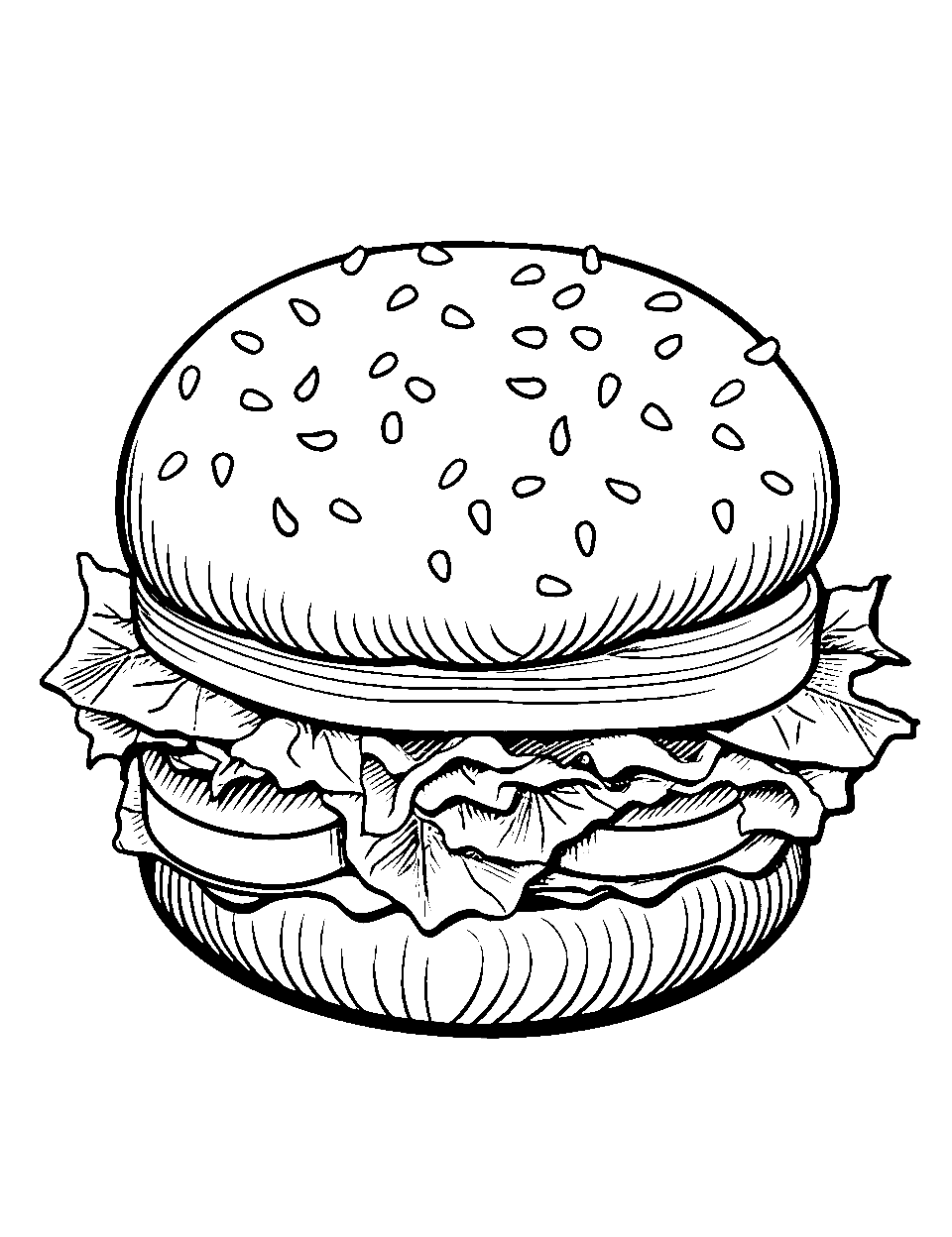 Burger Bash Food Coloring Page - A juicy burger with lettuce, tomato, and cheese dripping.
