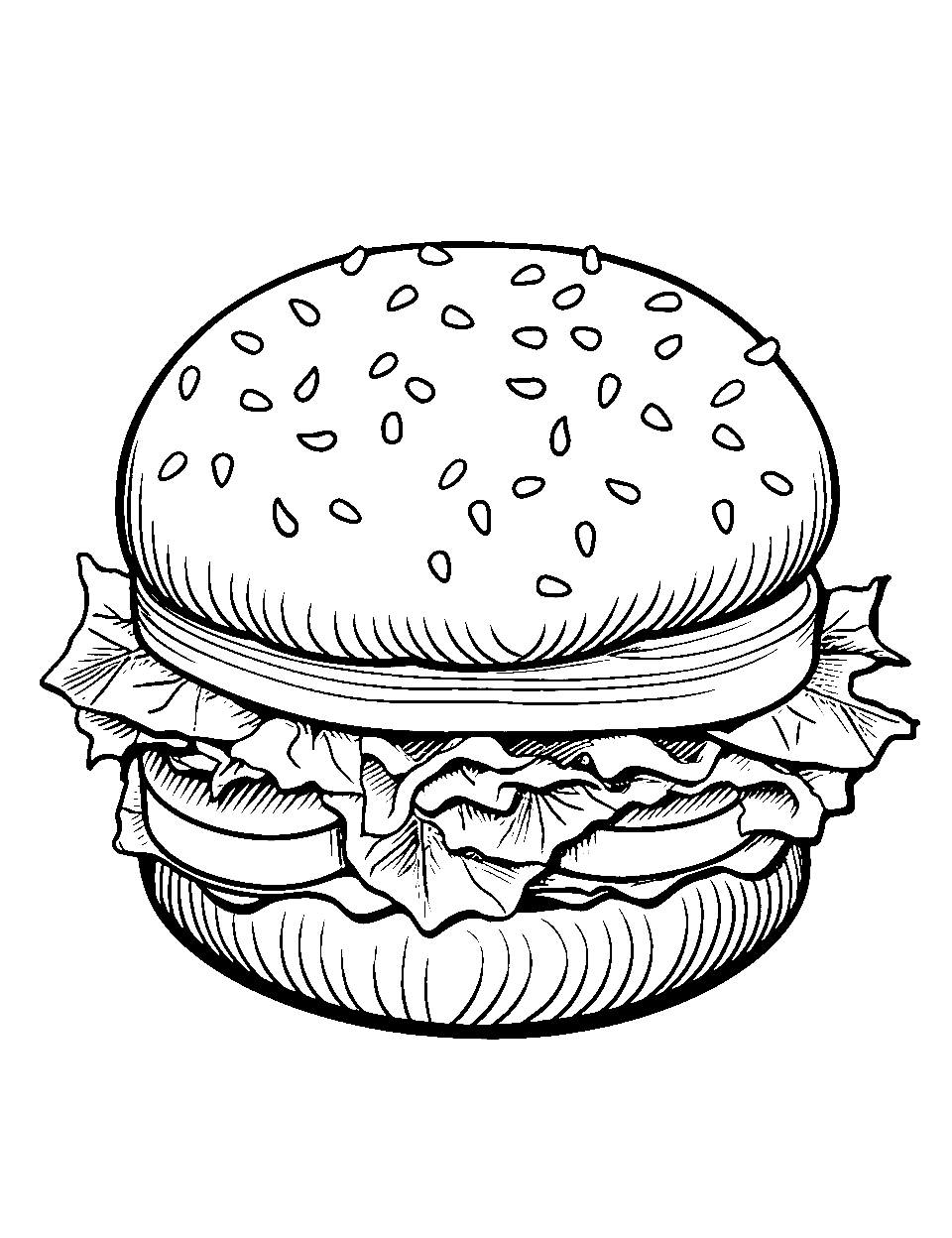 Burger Bash Coloring Page - A juicy burger with lettuce, tomato, and cheese dripping.