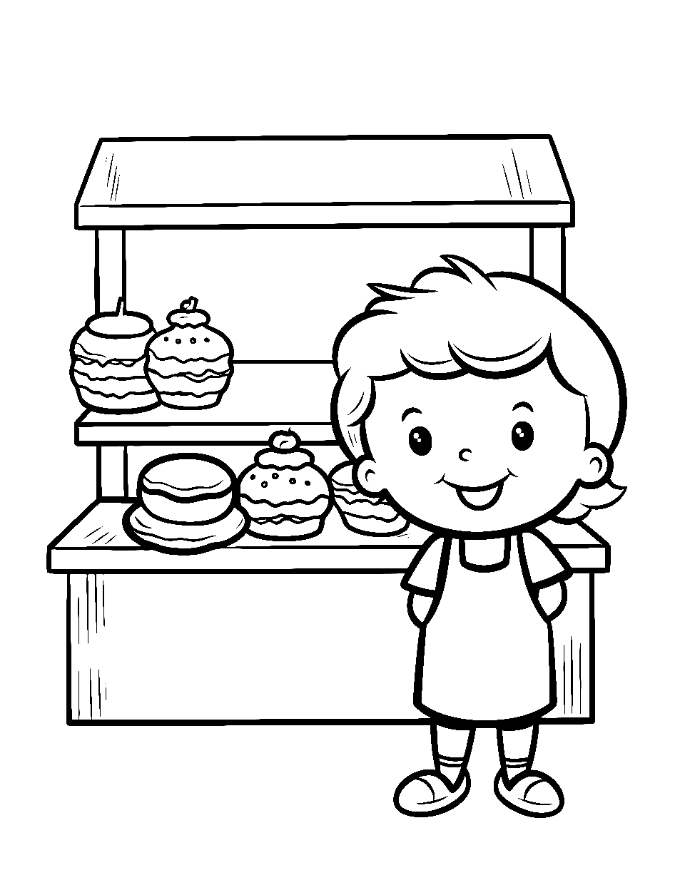 Kid's Snack Bar Food Coloring Page - A kid and his snacks with a snack stand.