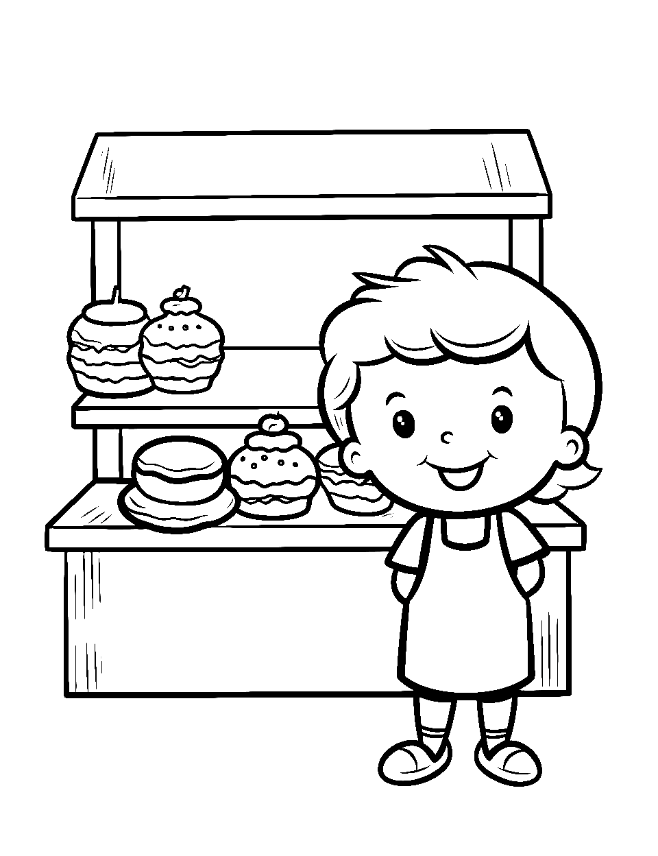 Kid's Snack Bar Coloring Page - A kid and his snacks with a snack stand.