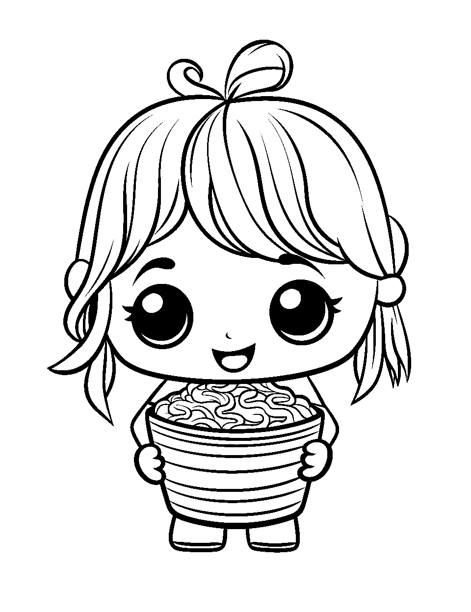 Chibi Noodle Bowl Food Coloring Page - A chibi character with a big noodles bowl ready to eat it all up.