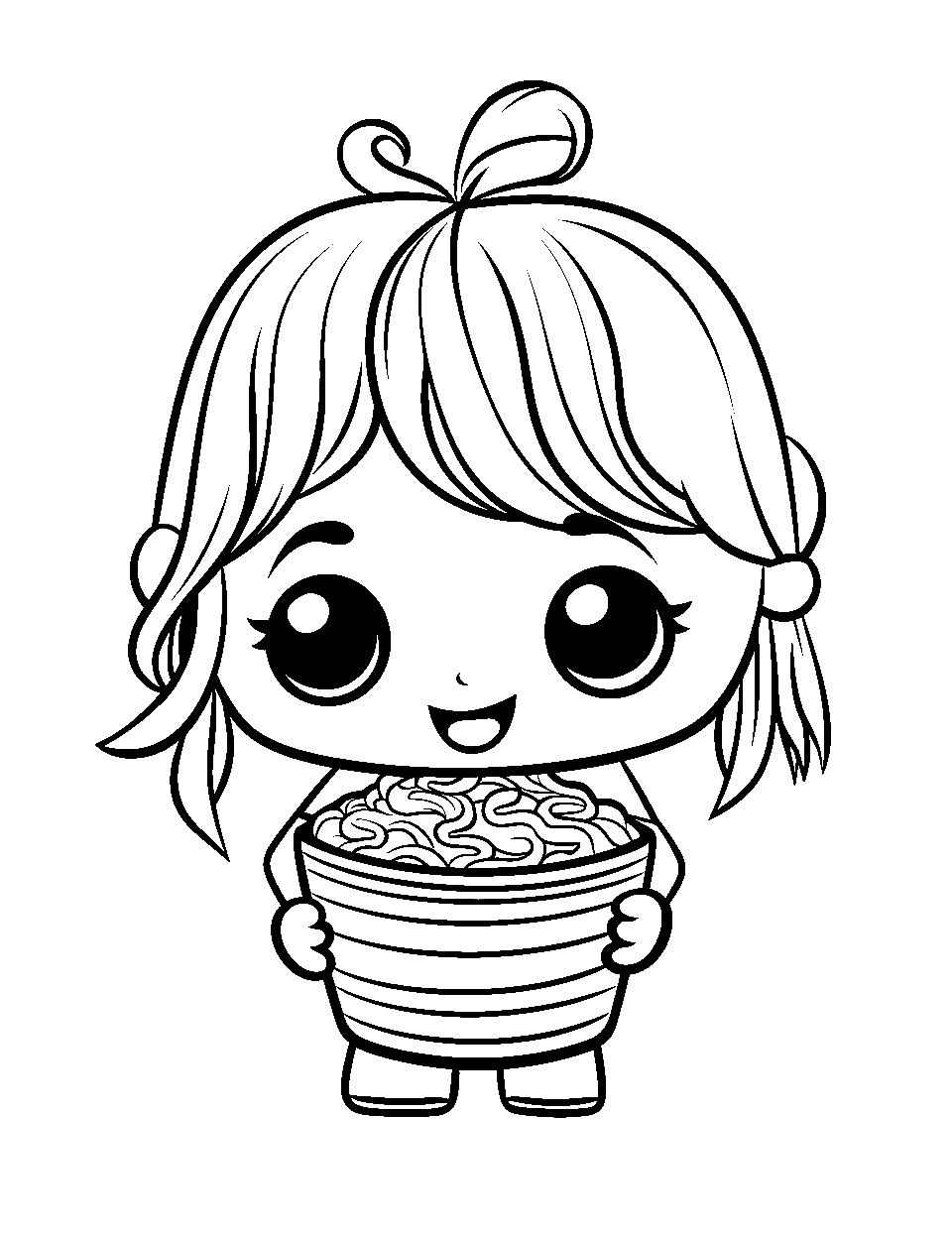 Chibi Noodle Bowl Coloring Page - A chibi character with a big noodles bowl ready to eat it all up.