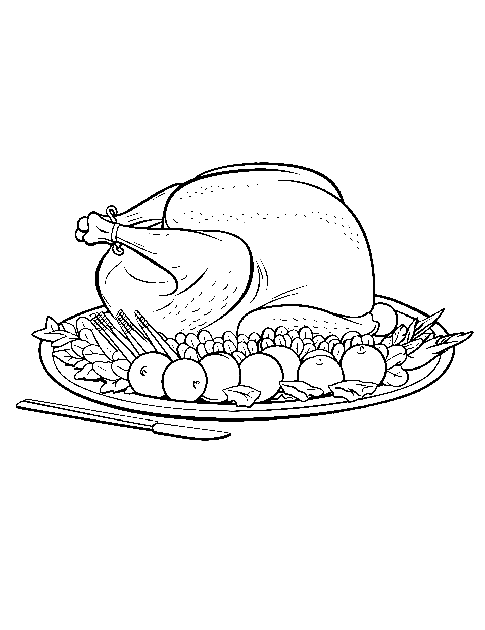 Turkey Feast Food Coloring Page - A roasted turkey with cranberries placed on a serving tray.