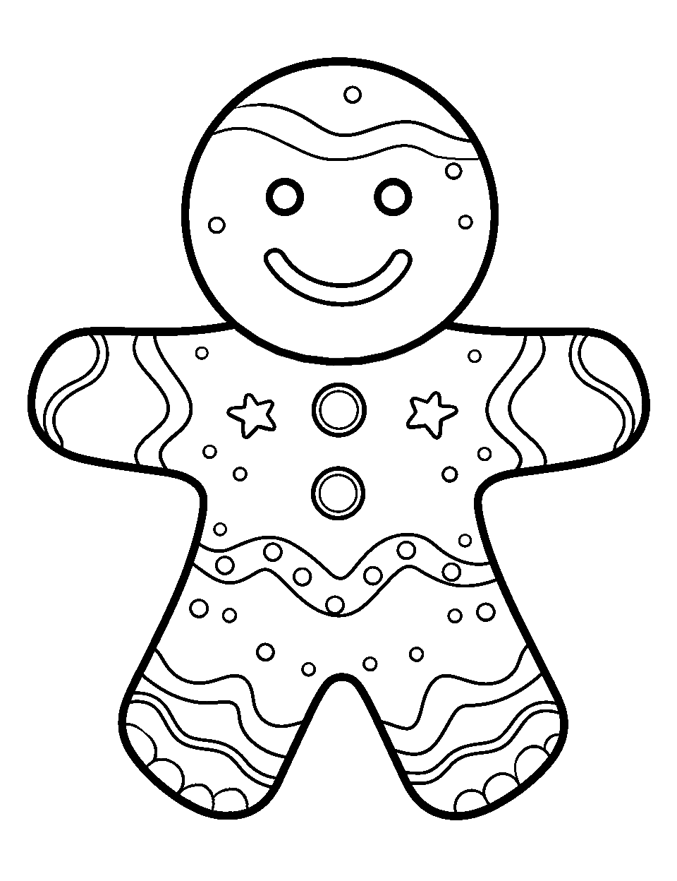 Christmas Gingerbread Coloring Page - A gingerbread man with candy buttons and icing details.