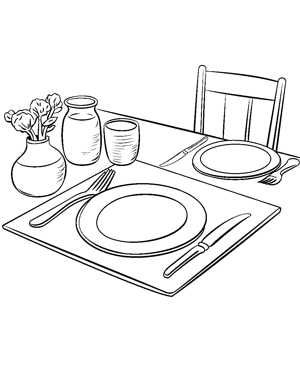 Restaurant Table Setup Food Coloring Page - A table set with plates and glasses.