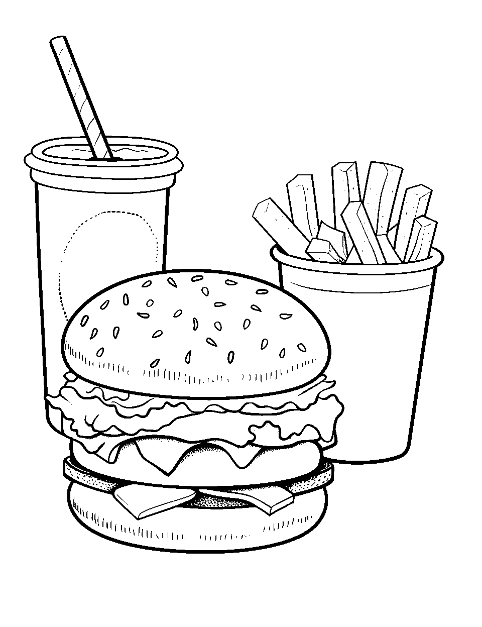 Fast Food Fiesta Coloring Page - A burger, fries, and a soda all placed side by side.