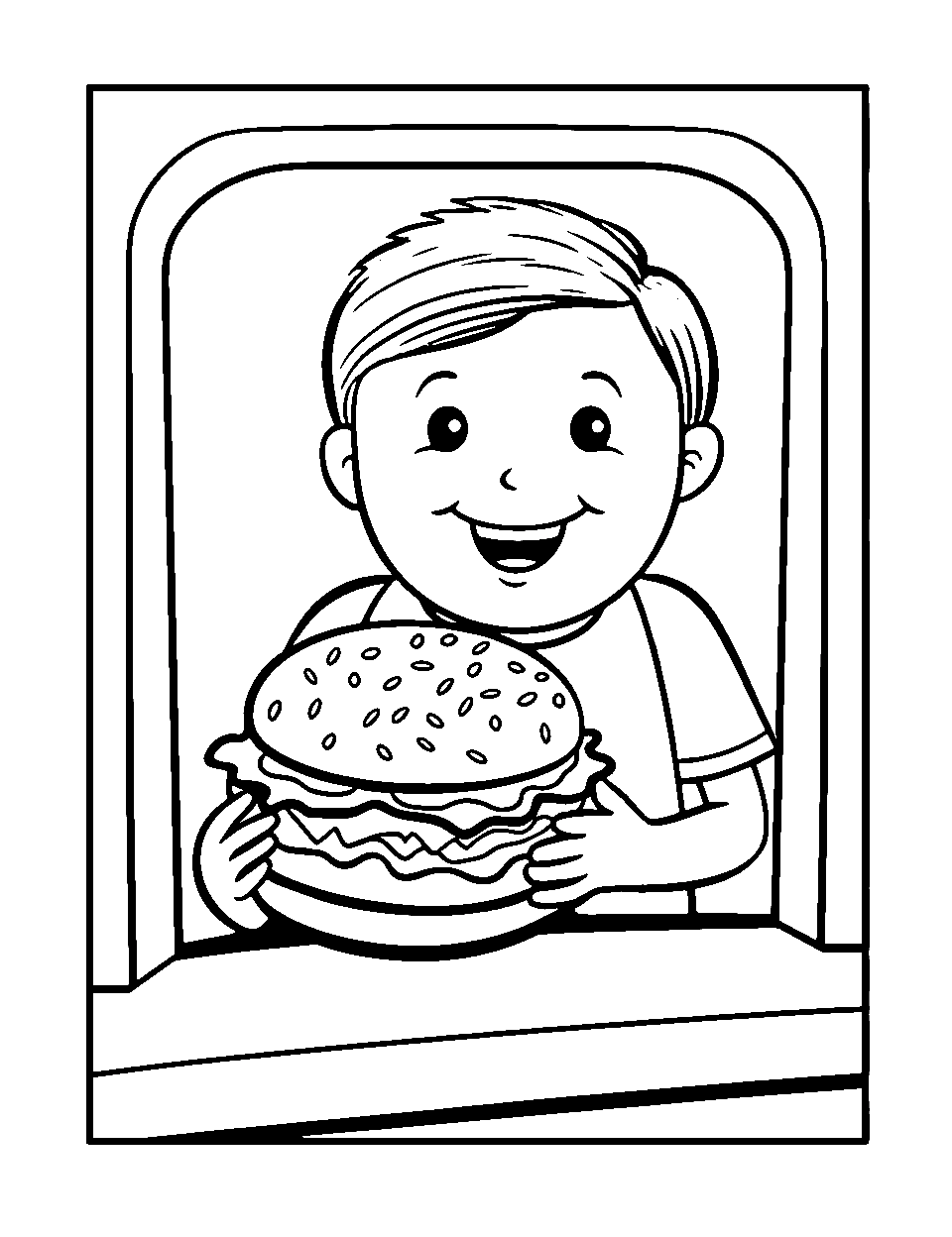 Drive-Thru Window Food Coloring Page - A man serving food from a drive-thru window.
