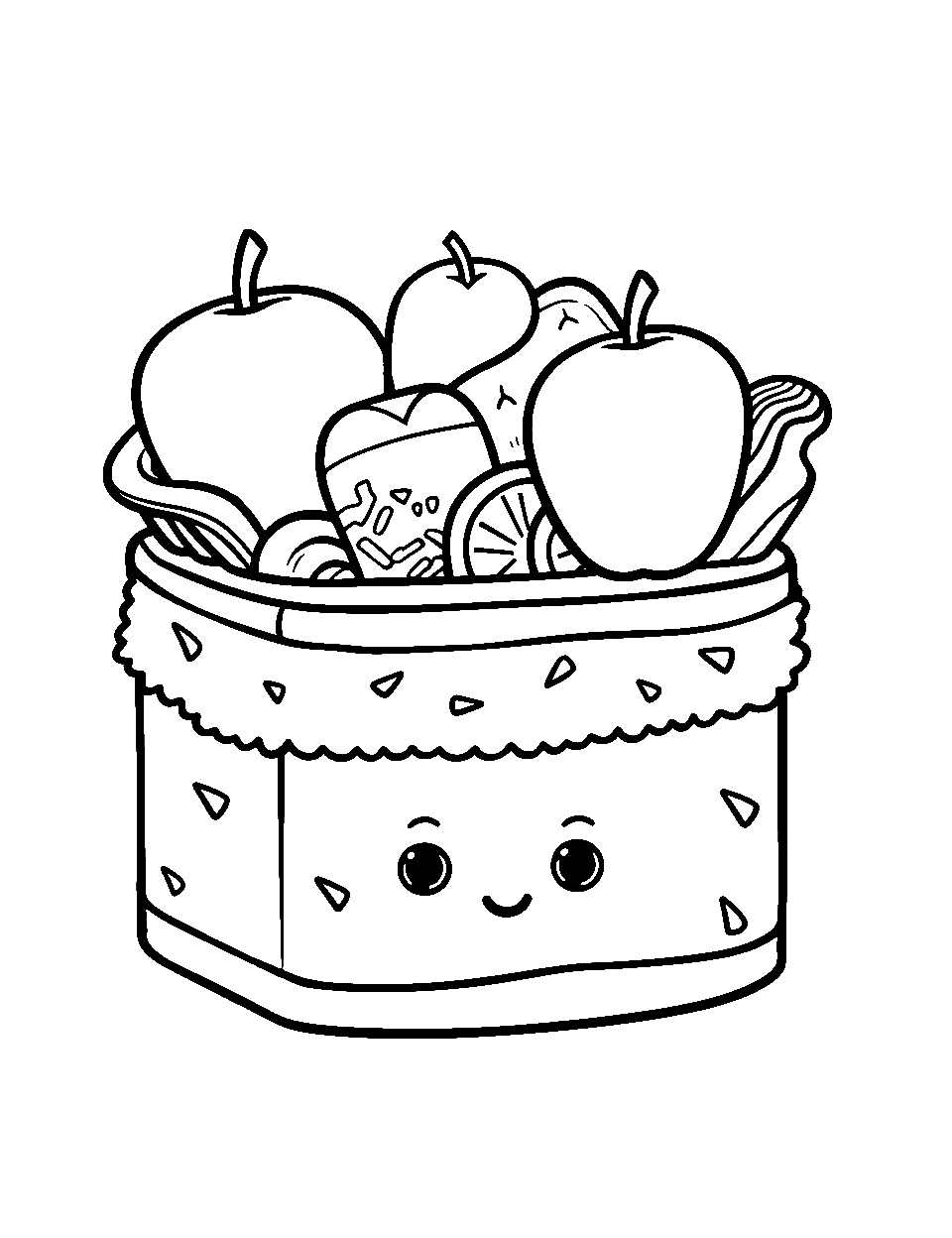 Cute Lunchbox Surprise Food Coloring Page - A cute-looking open lunchbox with a bunch of foods inside.