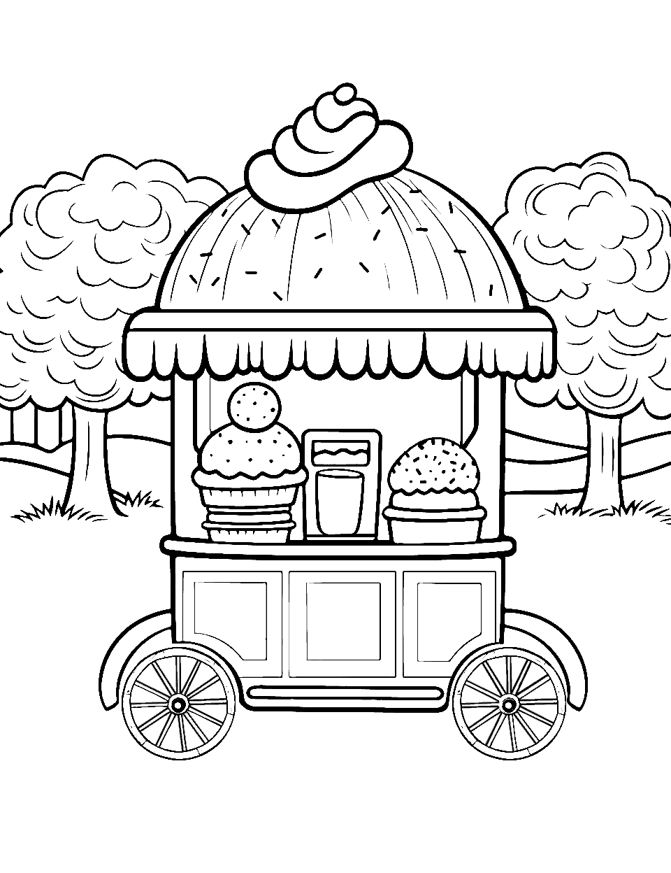 Food Cart in the Park Coloring Page - A pushcart with ice creams and other cold treats in a park setting.