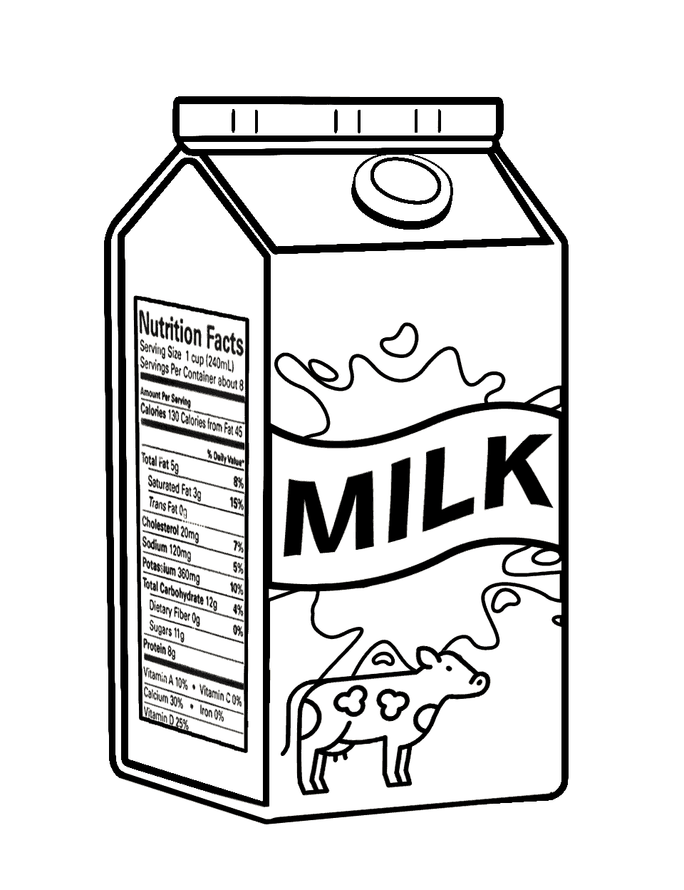 Nutrition Label Food Coloring Page - A milk carton with a nutrition facts label on its side.