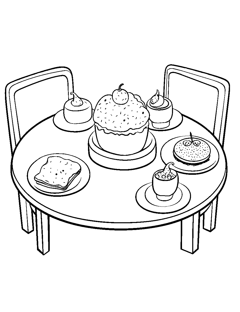 Dine-In Delight Coloring Page - A cozy dining table with food.