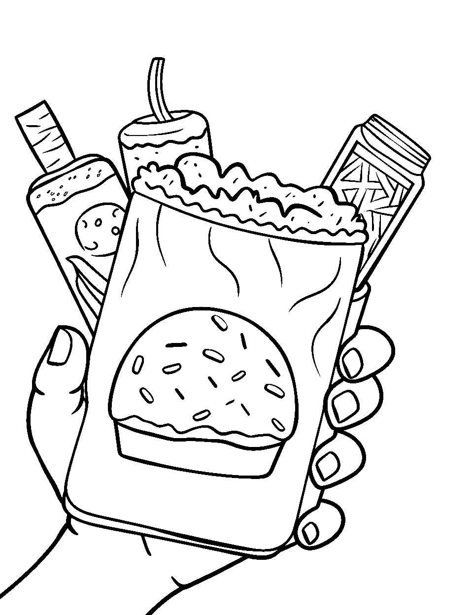 Snacks On the Go Food Coloring Page - A hand holding a bunch of fast food and drink.