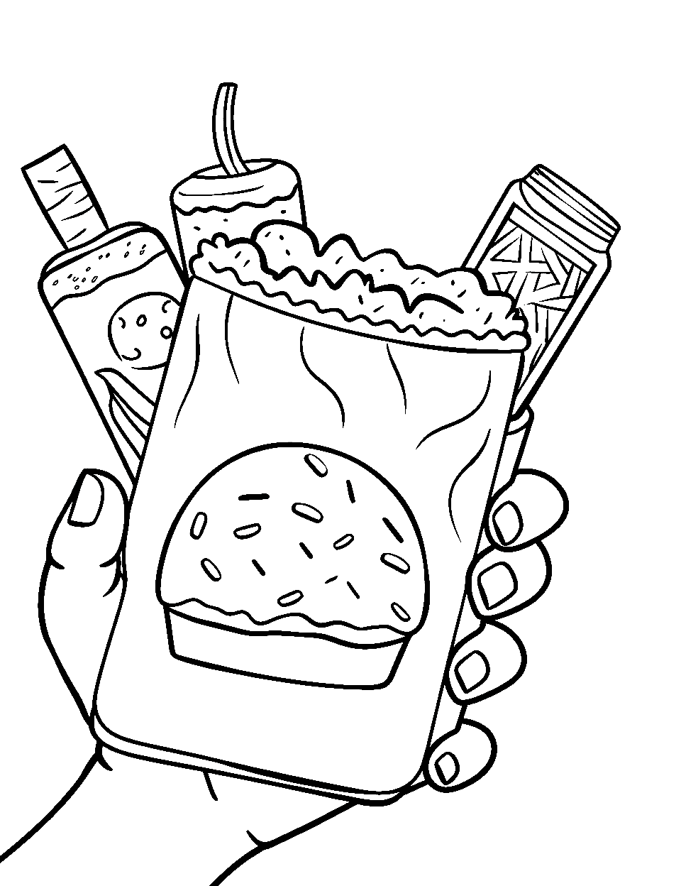 Snacks On the Go Coloring Page - A hand holding a bunch of fast food and drink.