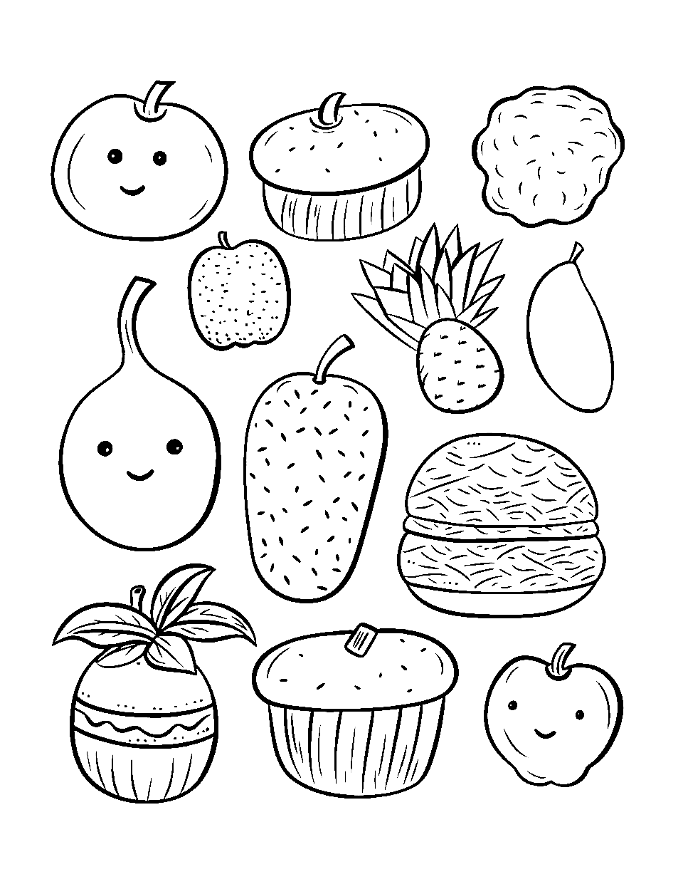 Food Clipart Collage Coloring Page - Simple clipart images of fruits, and veggies.