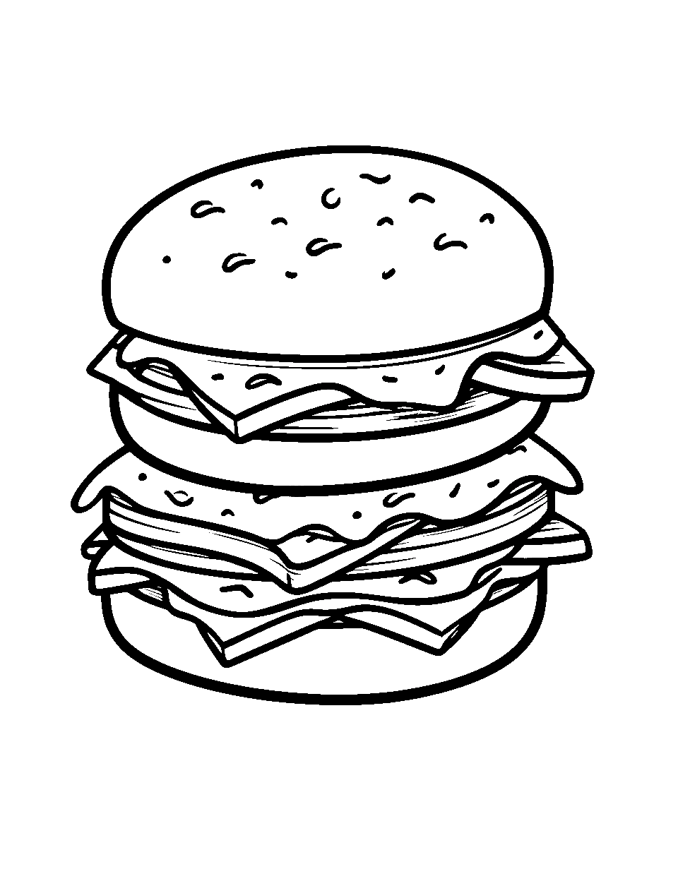 Simple Burger Stack Food Coloring Page - A Burger stacked with cheese, lettuce, and tomato.