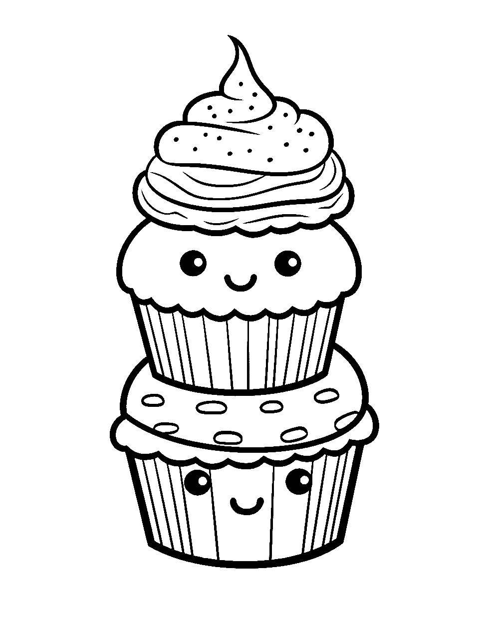 Kawaii Cupcake Tower Food Coloring Page - Mini cupcakes stacked in a tower with cute faces.