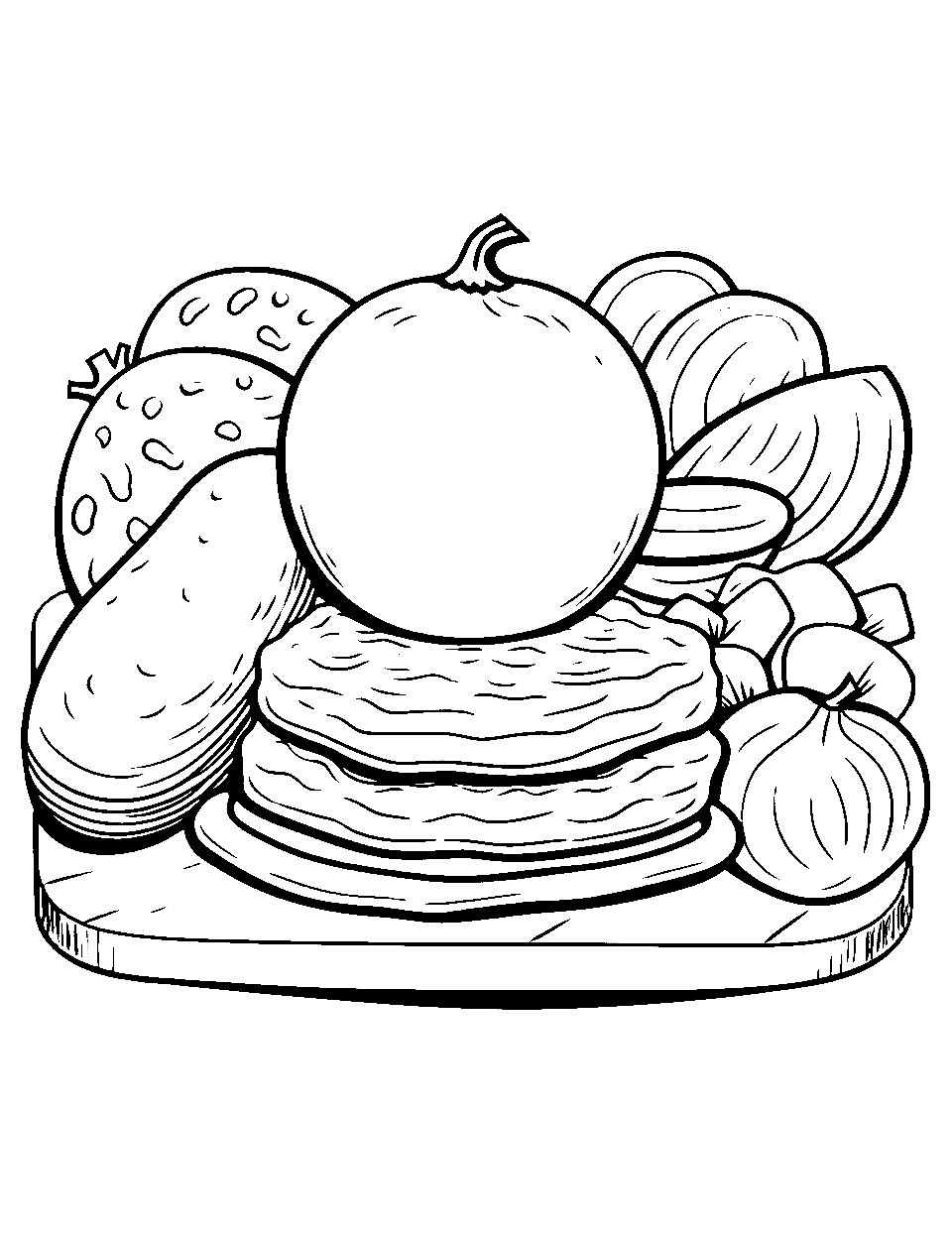 Cutting board showcase Food Coloring Page - Various fruits and veggies on a cutting board.