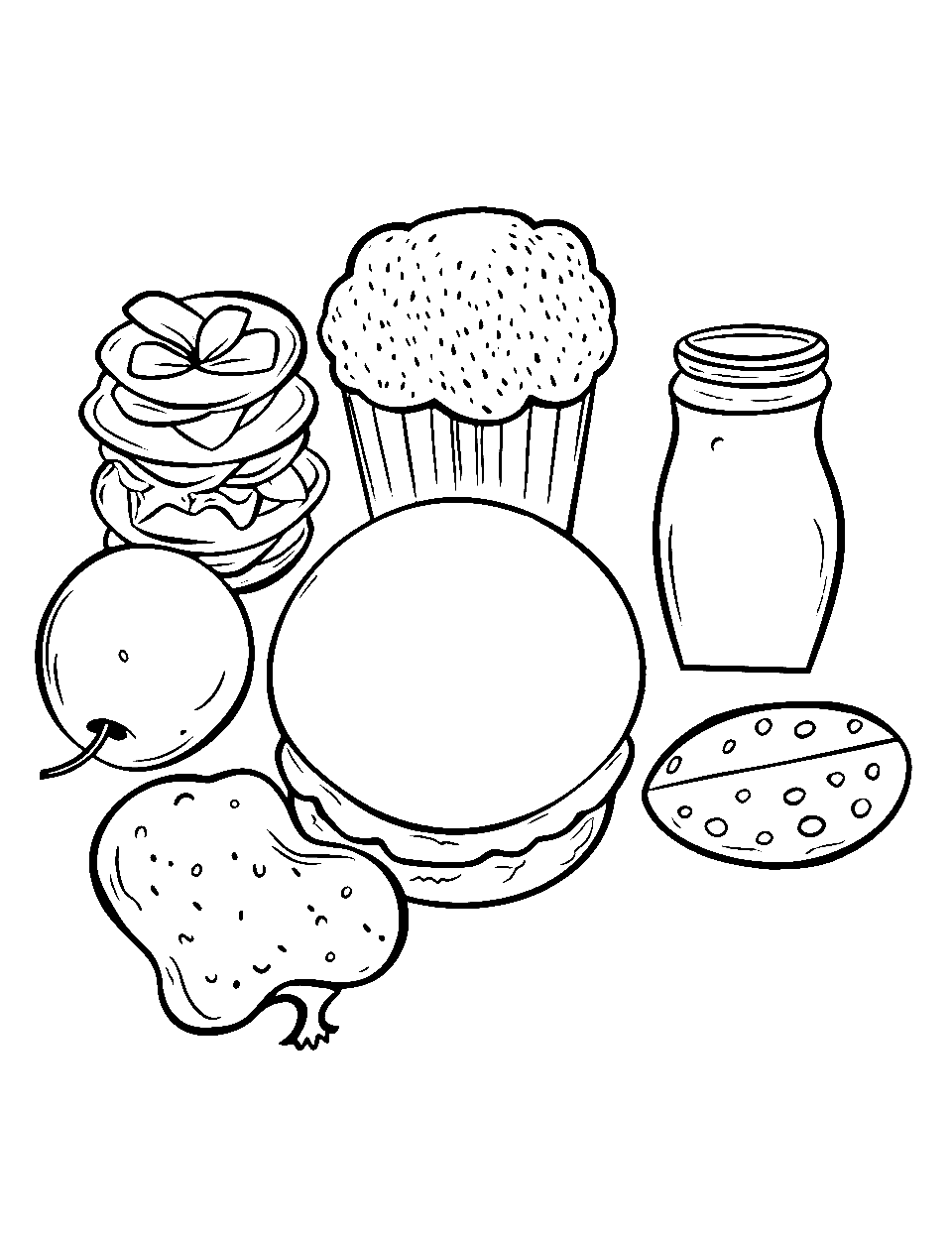 Drawing Doodles Meal Food Coloring Page - Hand-drawn doodles of a complete meal from drink to dessert.