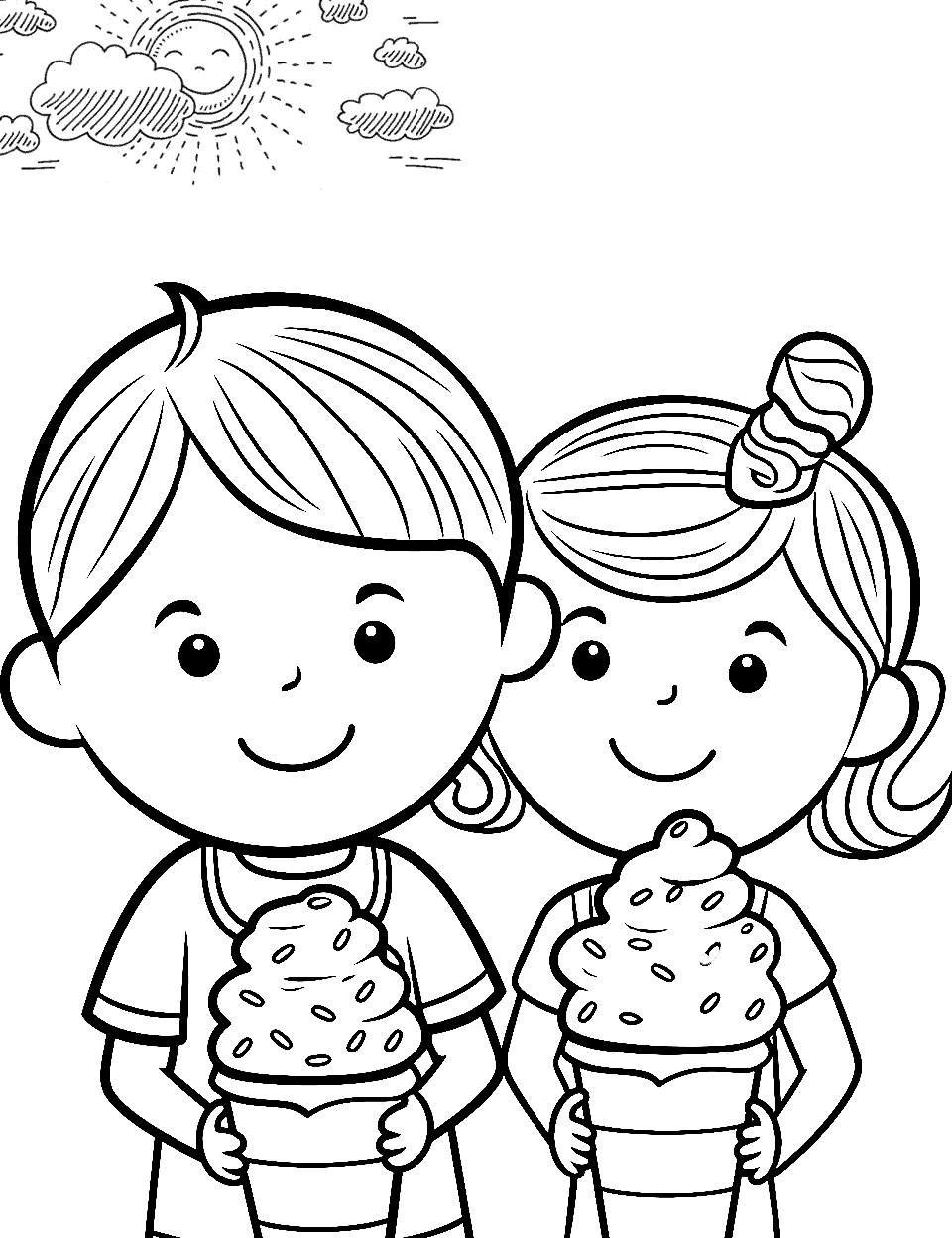 Fun With Ice Cream Coloring Page - Kids with ice creams in the summer.