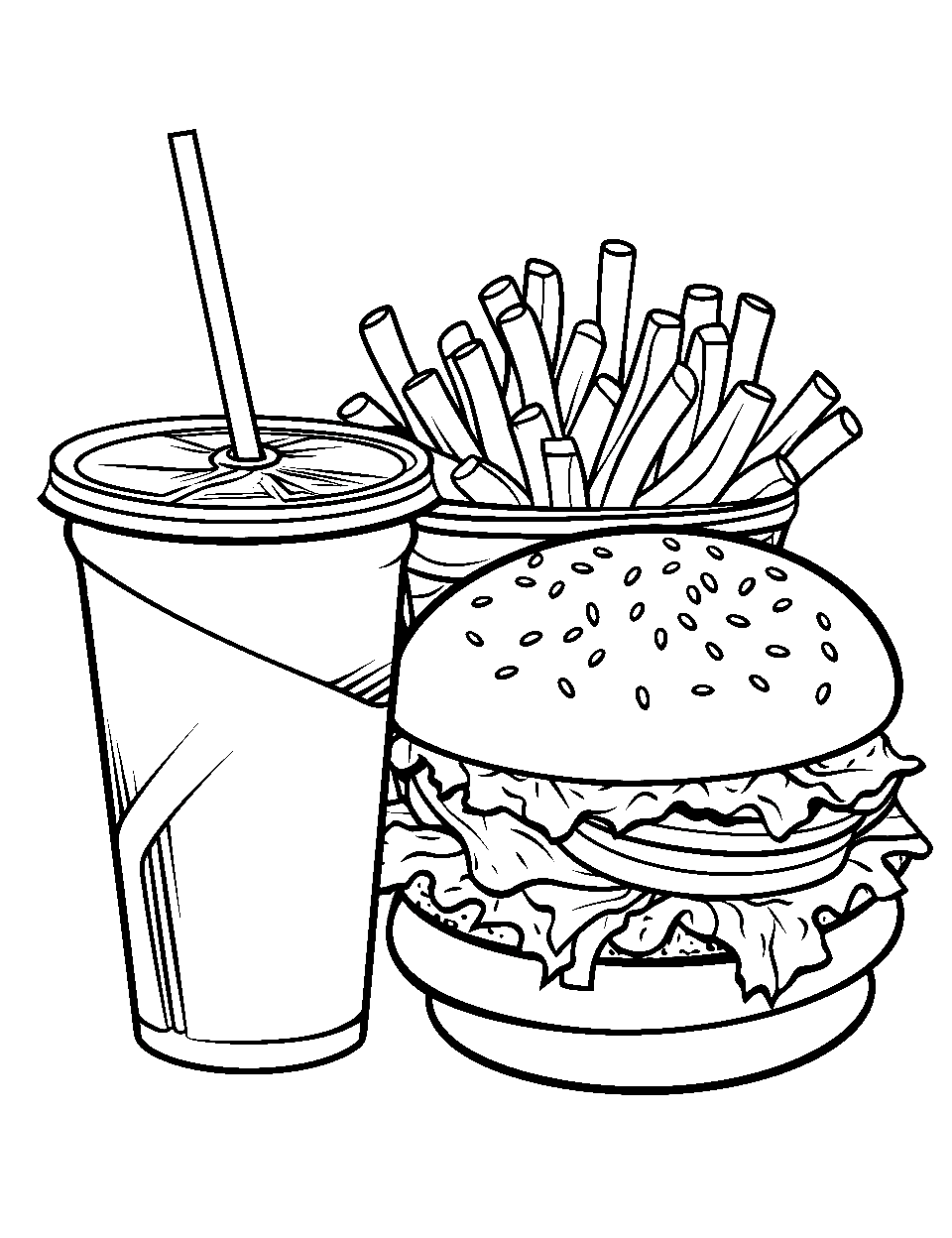 Burger and Fries Art Food Coloring Page - A burger with fries and a drink on the side.