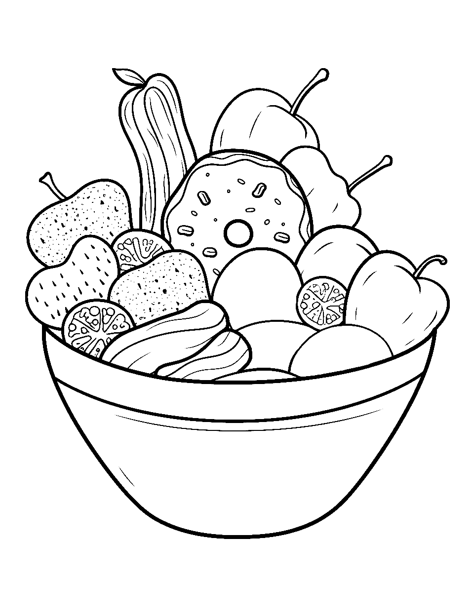 Snack Bowl Food Coloring Page - A snack bowl full of delicious foods for guests.