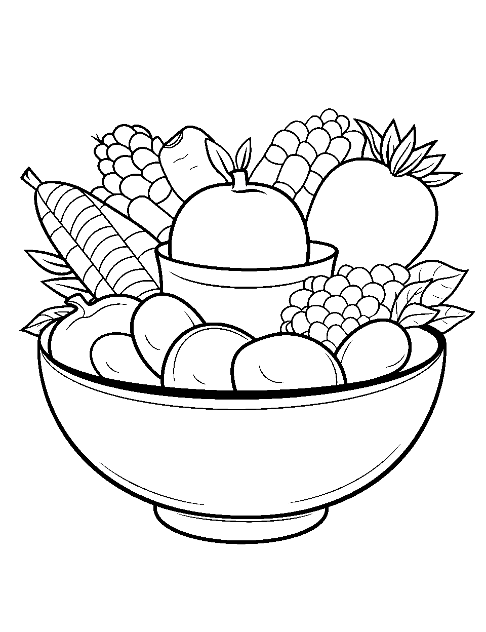 Veggie Bowl Food Coloring Page - A bowl with a bunch of veggies ready to get cooked for an amazing meal.