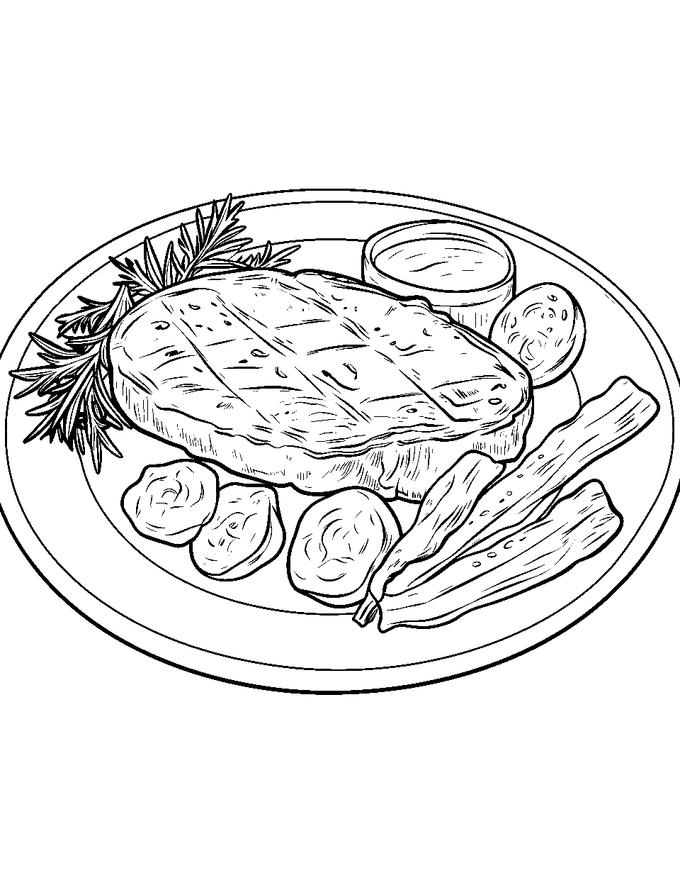 Steak Dinner Food Coloring Page - A steak with mashed potatoes and grilled veggies.