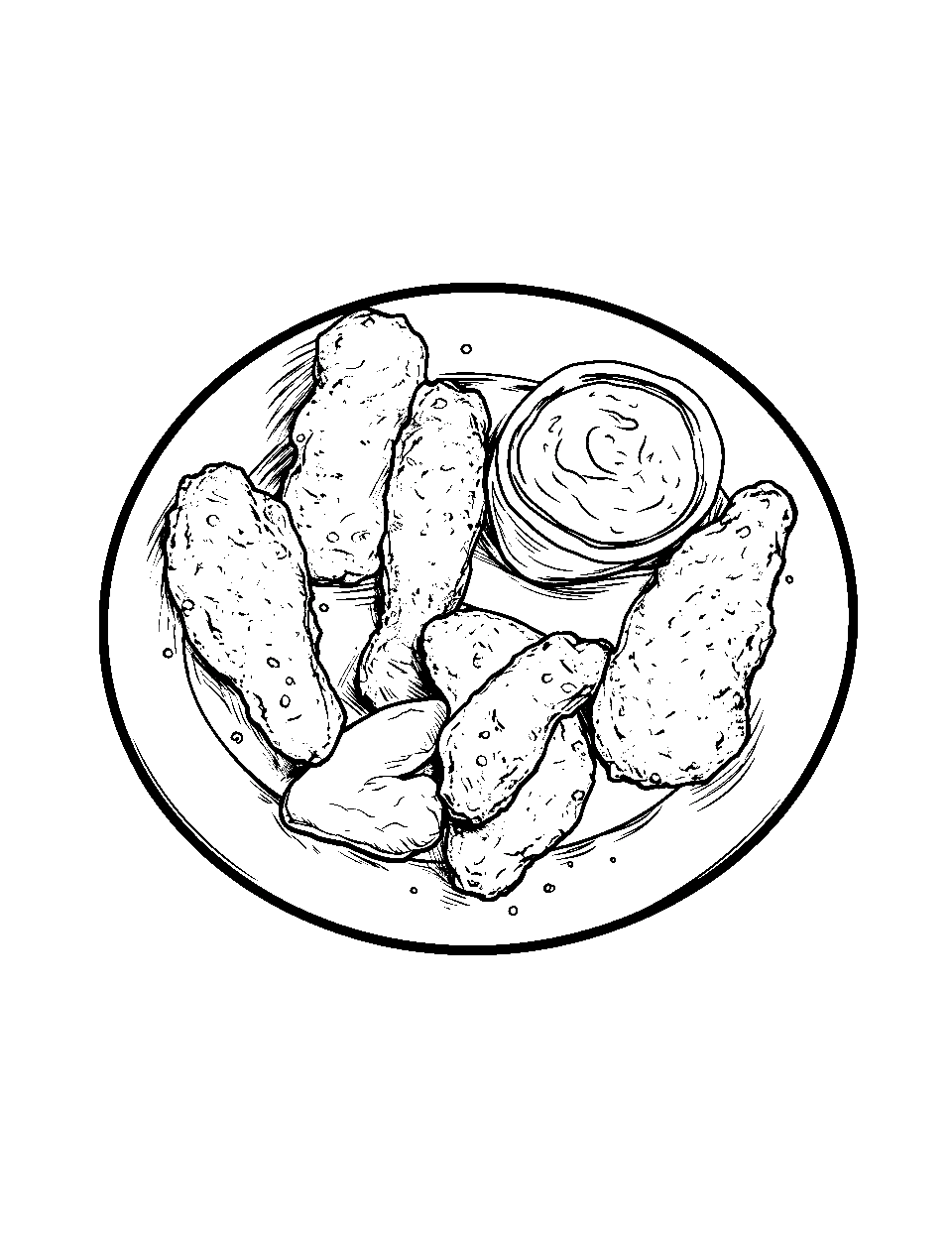 Chicken Wings Platter Coloring Page - Crispy chicken wings served with a dip on the side.