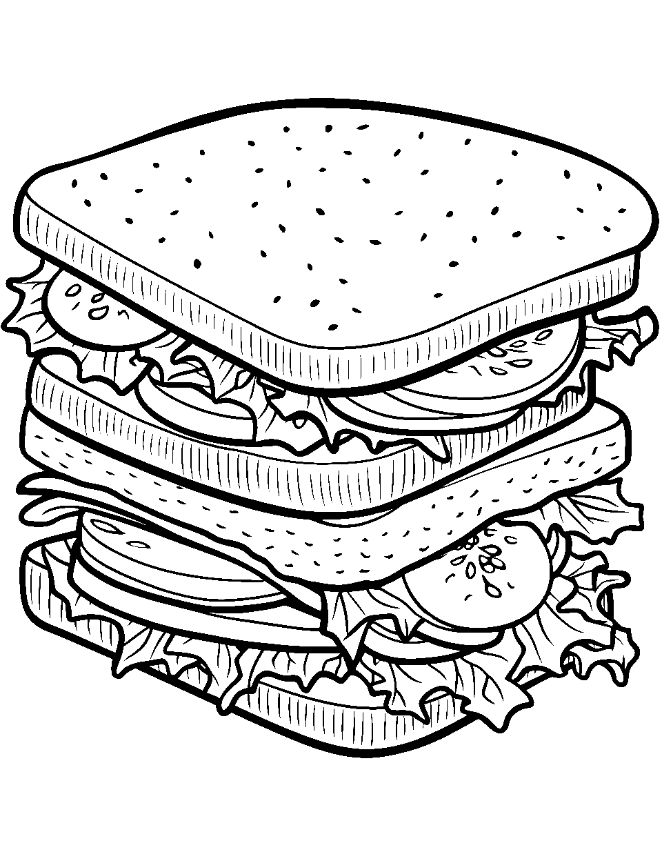 Turkey Sandwich Delight Food Coloring Page - A turkey sandwich with fresh veggies.
