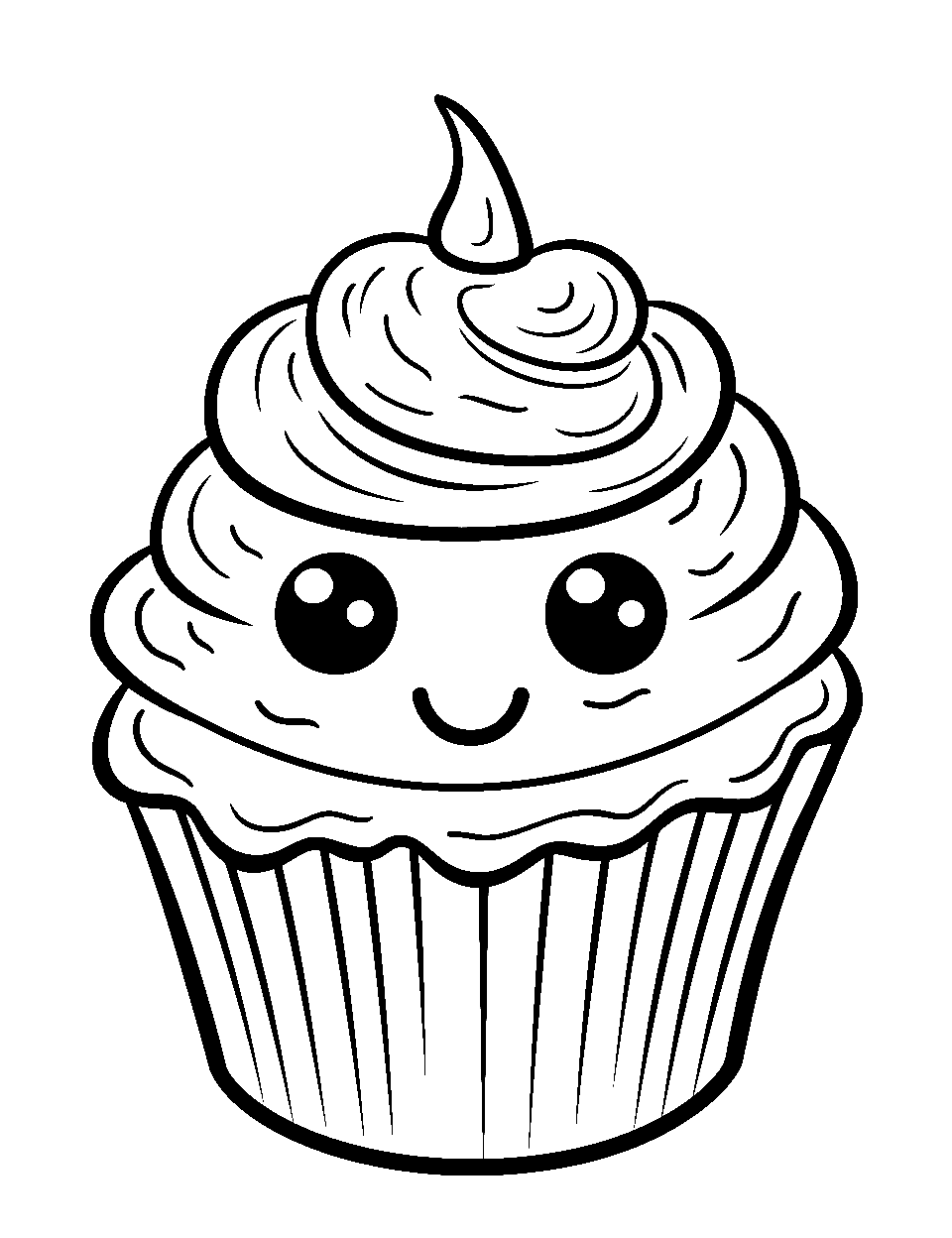 Cute Cupcake Food Coloring Page - A cute-looking cupcake with eyes and a smiling face looking tasty.
