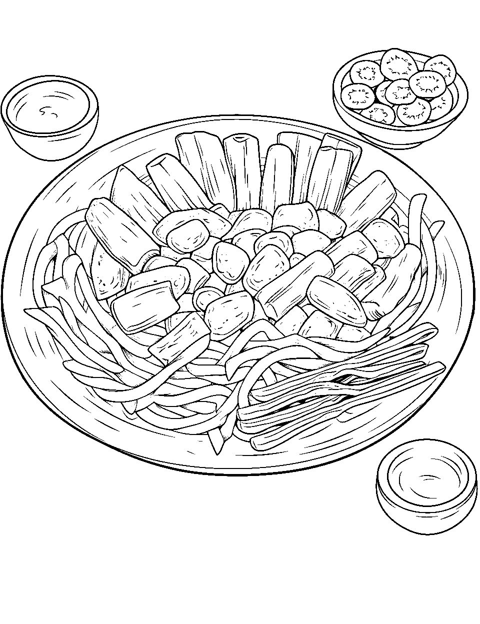 Pasta Night Food Coloring Page - A bowl of creamy pasta and a bunch of sides and sauces.