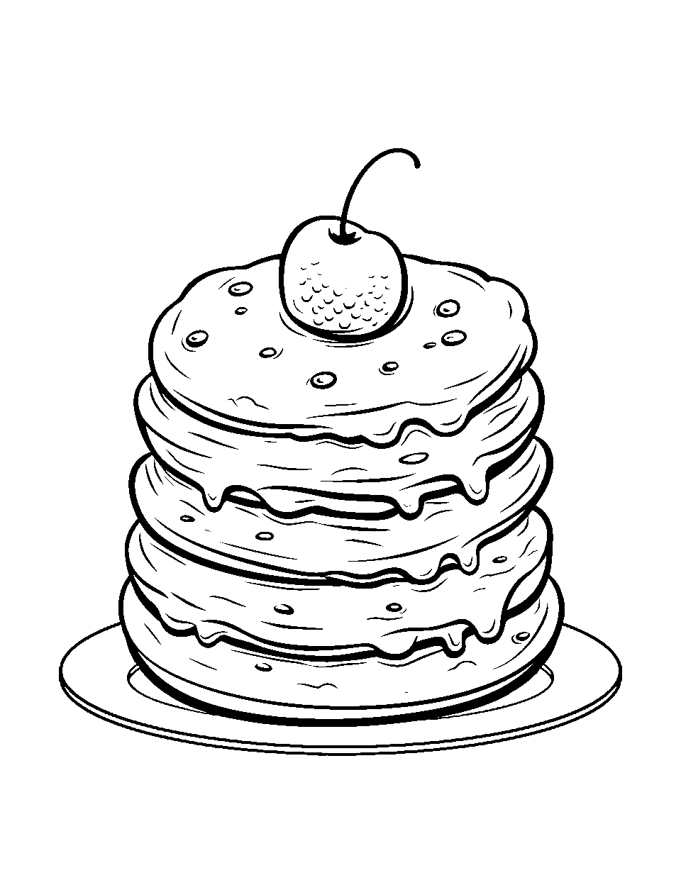 Breakfast Pancake Stack Coloring Page - A stack of pancakes drizzled with syrup and a berry on top.