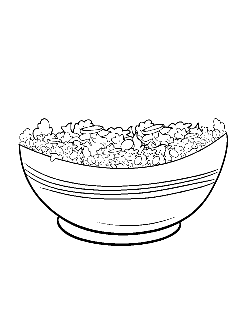 Lunch Salad Bowl Food Coloring Page - A bowl filled with fresh salad greens, veggies, and dressing.