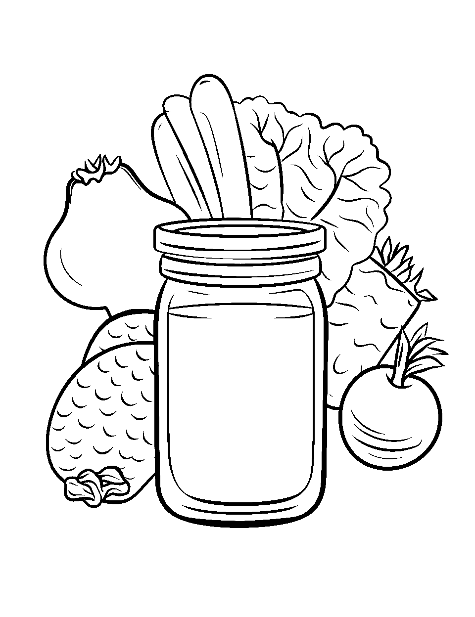 Nutrition in a Glass Coloring Page - A glass of green smoothie with various veggies blended and showcased behind.