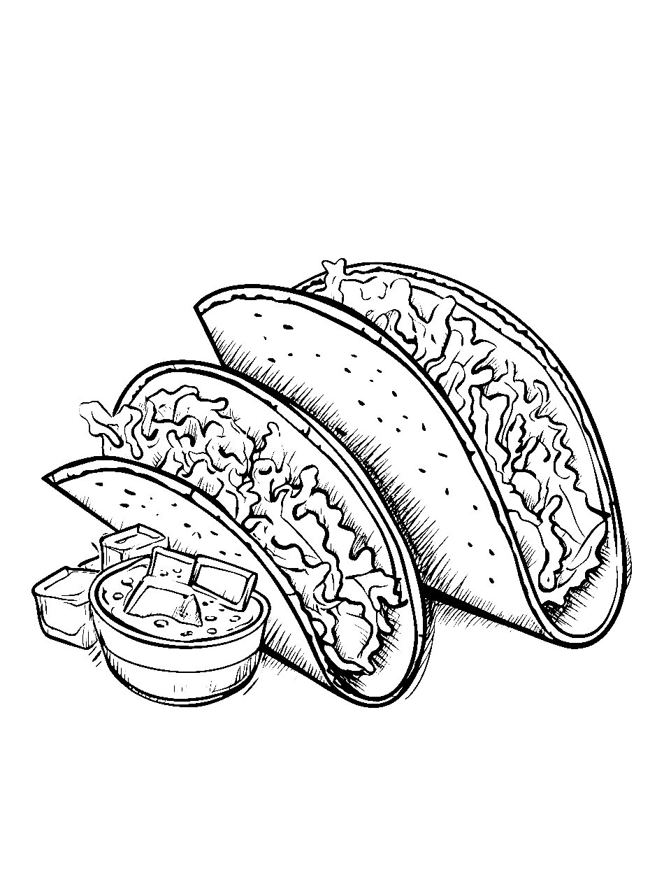 Tacos Fiesta Food Coloring Page - Tacos filled with beans, cheese, and salsa.
