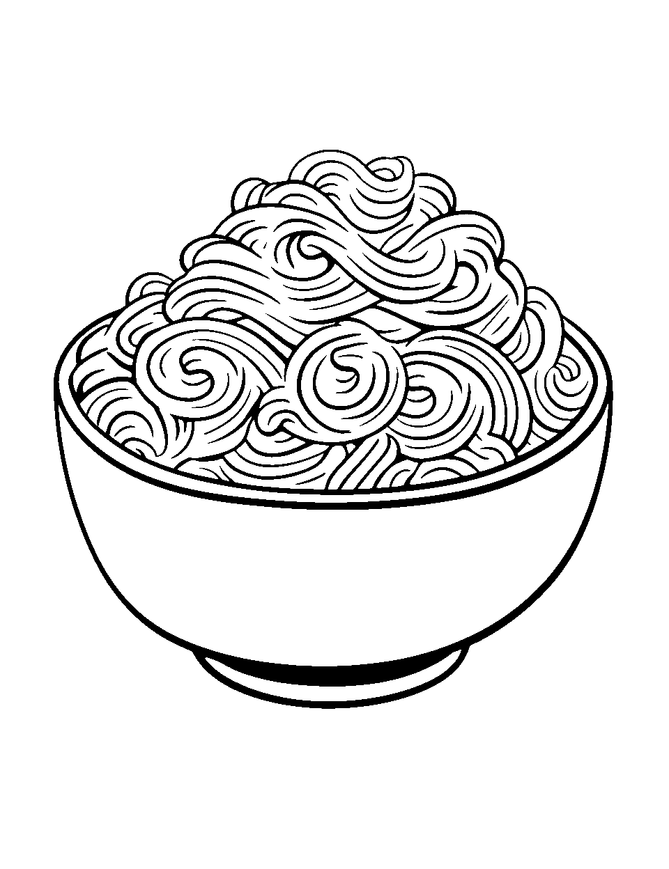 Doodle Pasta Bowl Food Coloring Page - A bowl full of curly spaghetti.