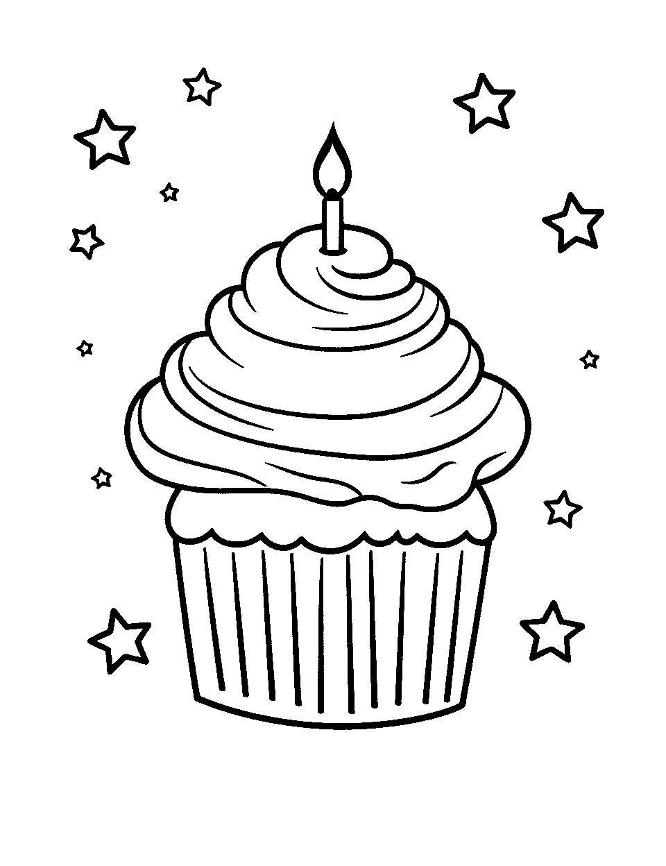 Cupcake Celebration Coloring Page - A decorated cupcake with a lit candle on top.