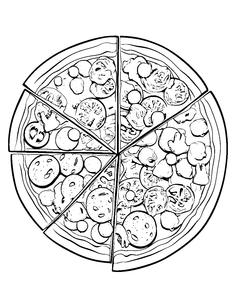 Pizza Fiesta Food Coloring Page - A whole pizza with various toppings looking delicious.