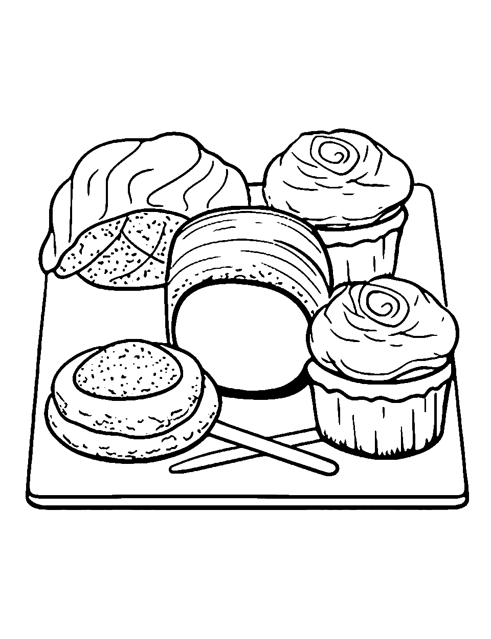 Sushi Feast Food Coloring Page - Assorted sushi rolls on a bamboo mat.