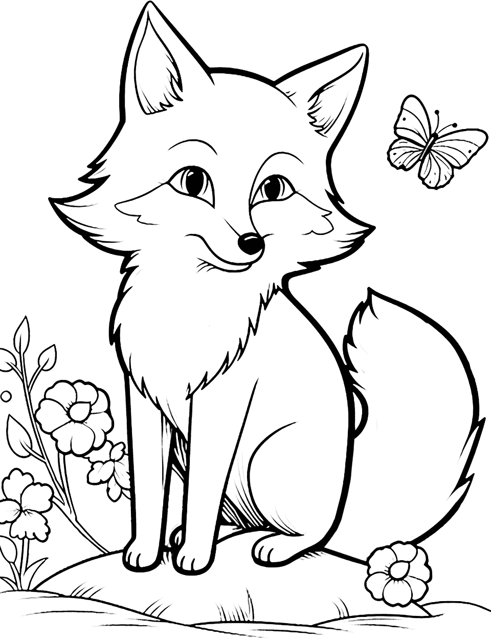 Cute Fox Sitting Coloring Page - A delightful fox sitting comfortably, surrounded by soft flowers and butterflies.