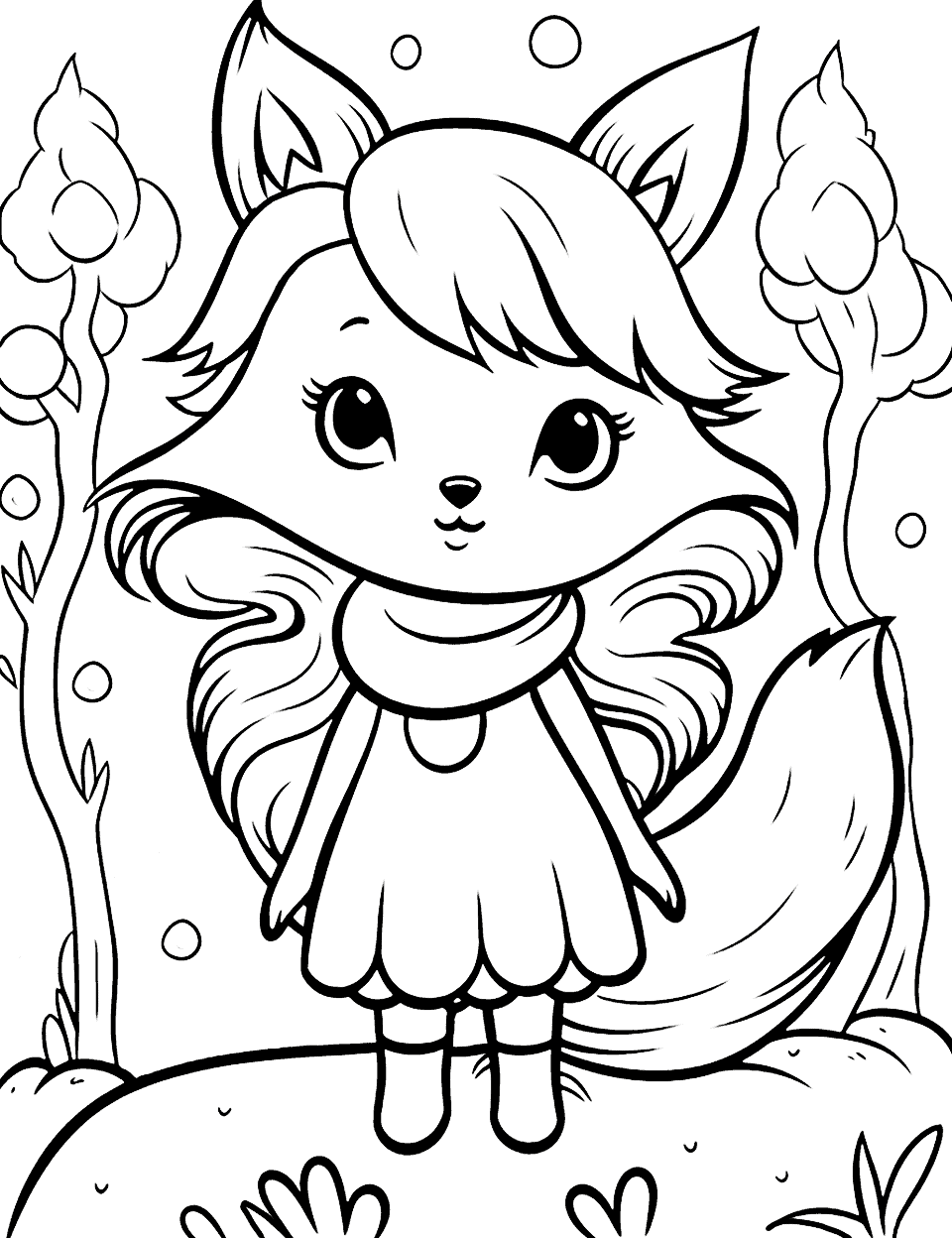 Fox Girl Adventure Coloring Page - A fox-girl hybrid is embarking on a mystical journey through a whimsical forest.