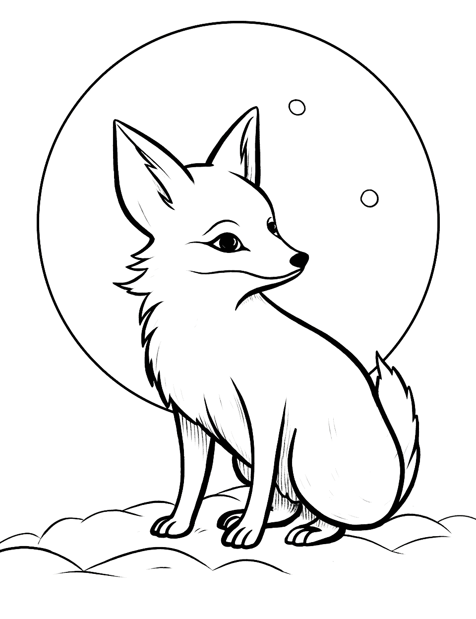 Female Fox in the Moonlight Coloring Page - A graceful female fox is basking in the glow of a moon.