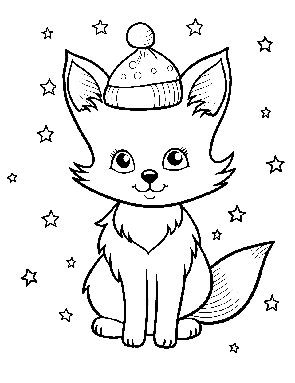 Christmas Fox Celebration Coloring Page - A jolly fox wearing a winter hat.