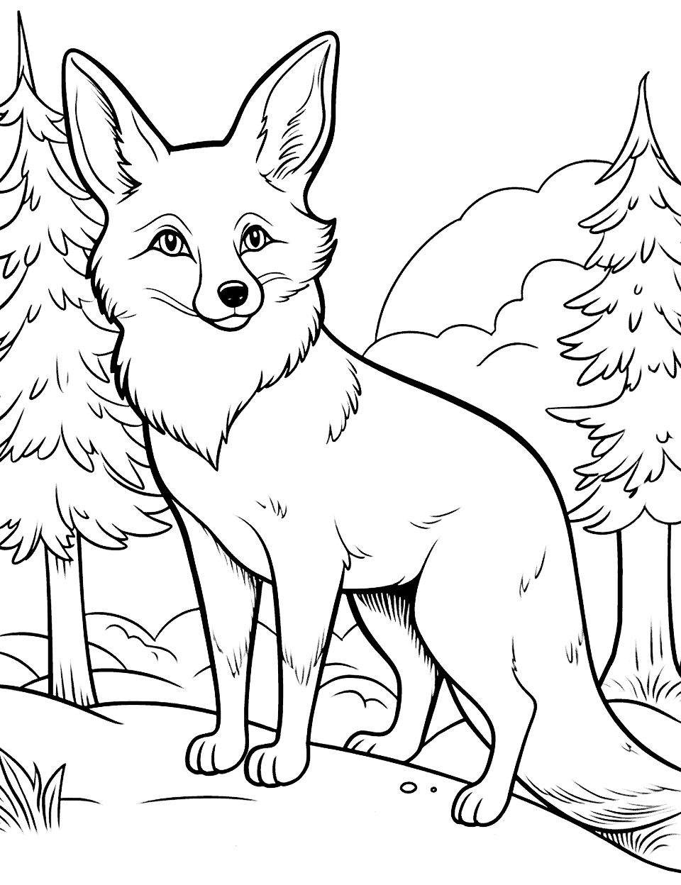 Realistic Forest Fox Coloring Page - A fox is depicted in its natural habitat, capturing its keen senses in a detailed forest backdrop.