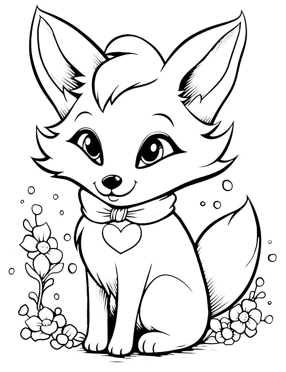 Pretty Fox With a Bow Coloring Page - A fox adorned with a dainty bow and surrounded by lovely colorful flowers.