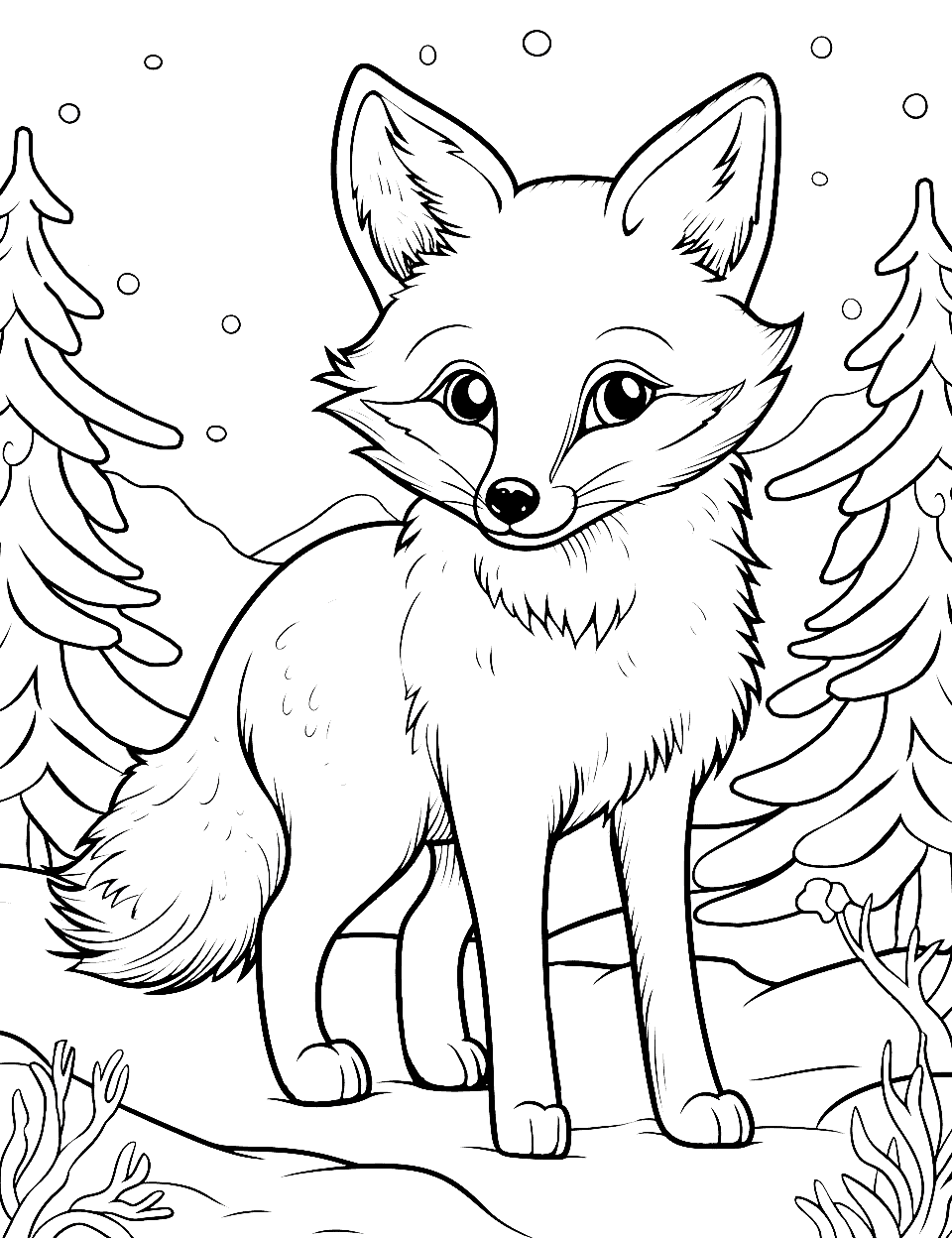 Fox's Winter Wonderland Fox Coloring Page - A fox in the snow, surrounded by winter beauty.