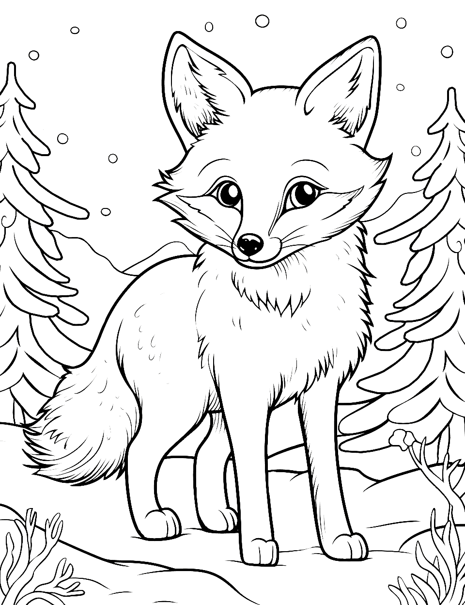 Fox's Winter Wonderland Coloring Page - A fox in the snow, surrounded by winter beauty.