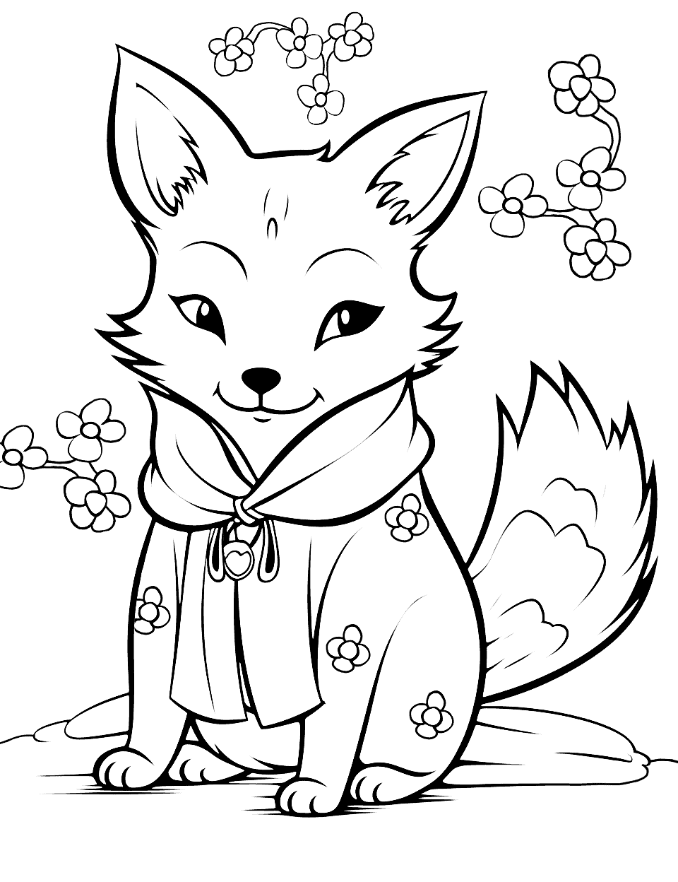 Fox in Kimono Coloring Page - A fox wearing a traditional Japanese kimono, surrounded by cherry blossoms.