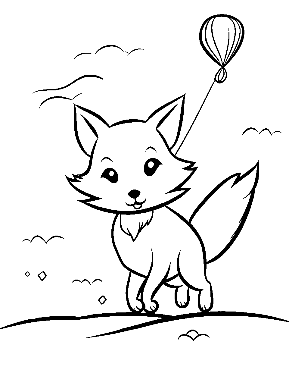 Fox's Balloon Flying Day Fox Coloring Page - A fox running with a Balloon trailing behind.
