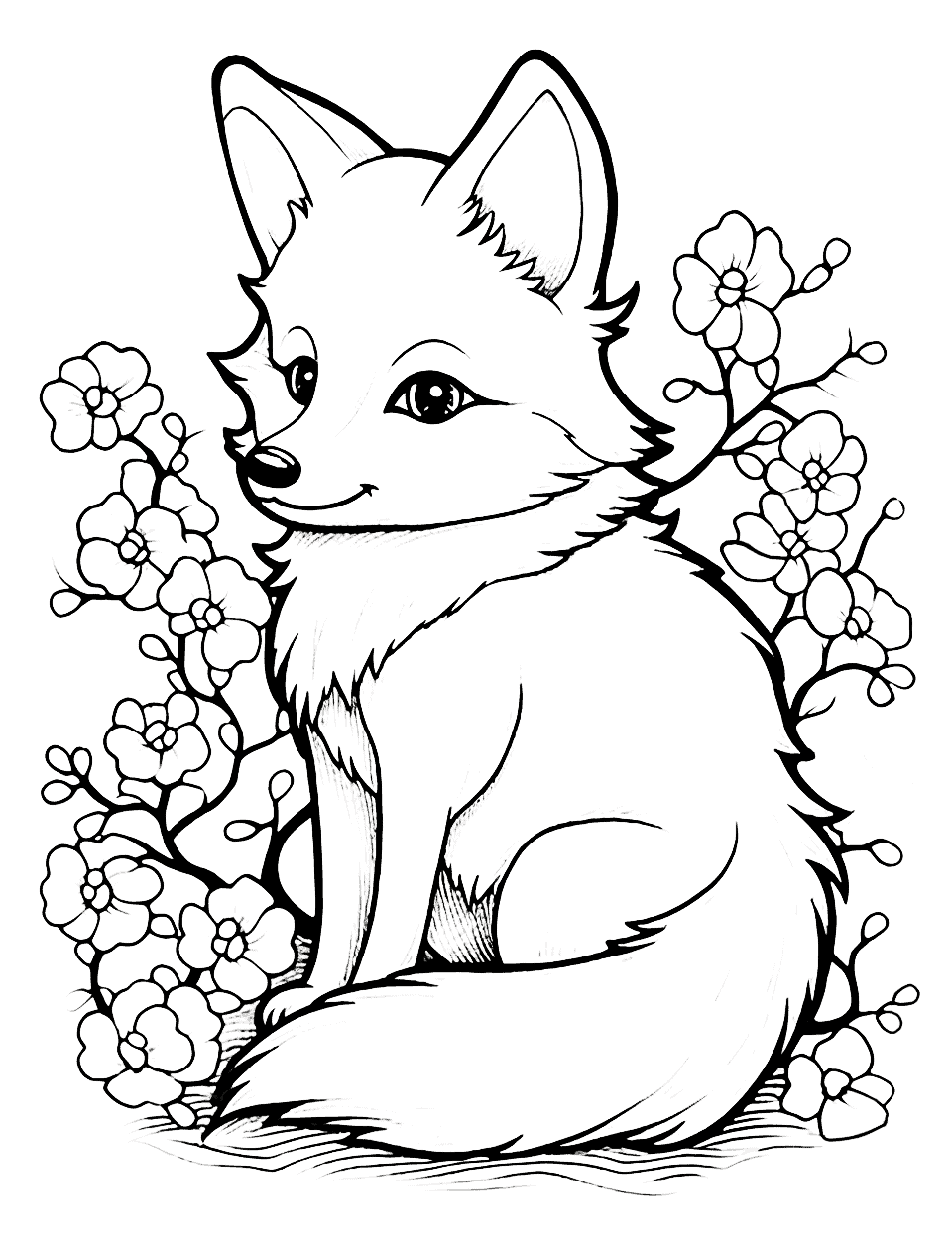Cherry Blossom Fox Coloring Page - A fox amidst blooming cherry blossoms, a scene filled with tranquility.